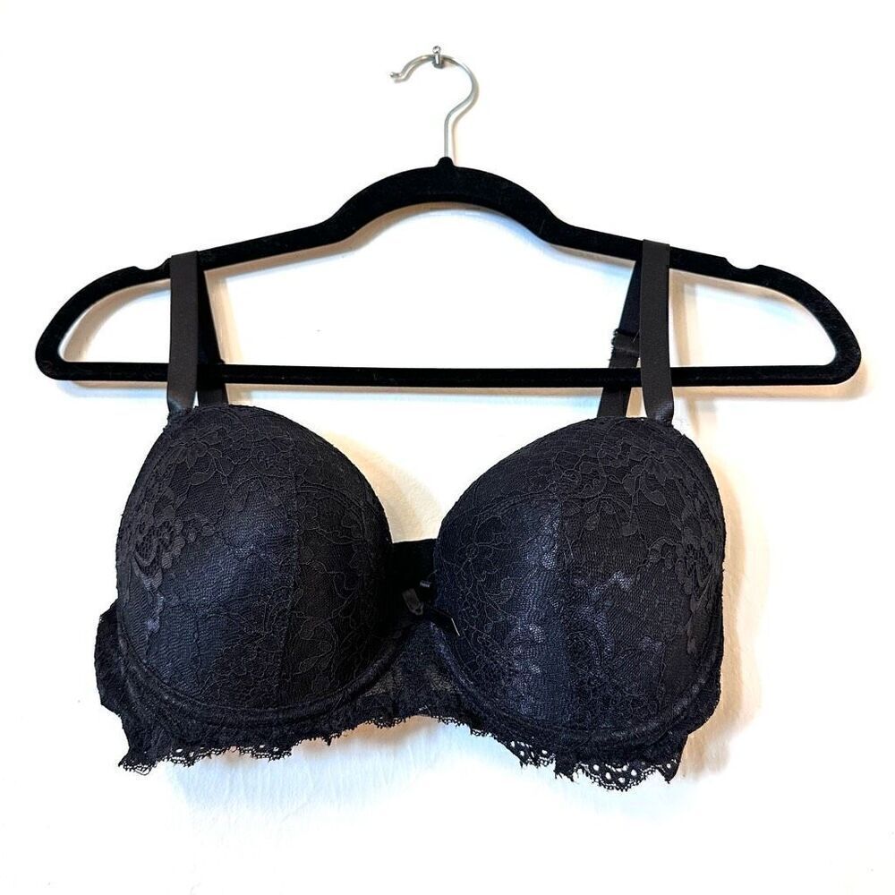 Mi Er Si De Women's Padded Wired Bra Lace Detail Triple Hook Closure Black 34D